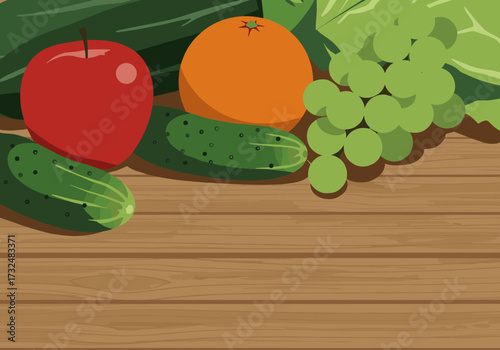 Colorful fruits and vegetables arrangement wooden surface digital fresh environment top view healthy eating concept