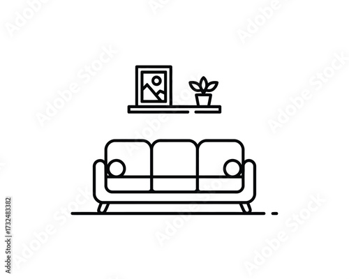 Simple line art illustration of a sofa with shelf and plant vector scalable eps icon silhouette vector illustration white background