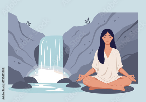 Meditation practice by tranquil waterfall nature retreat digital calm environment peaceful viewpoint