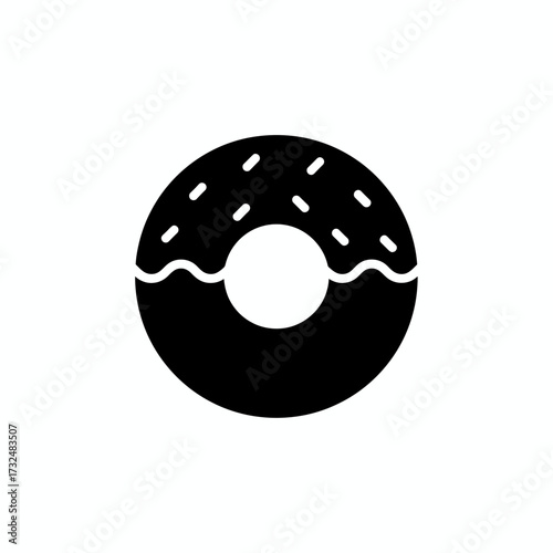 Donut with sprinkles glyph icon. Black silhouette of a sweet doughnut, a popular dessert and snack food.