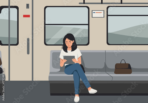 Commuting routine young woman using tablet in subway train digital urban environment casual viewpoint