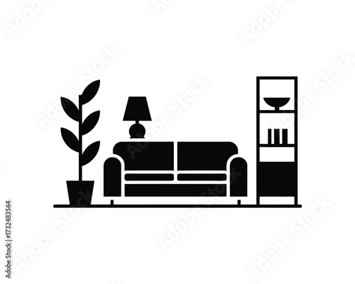 Black and white vector illustration of a modern living room furniture icon for design projects silhouette vector illustration white background