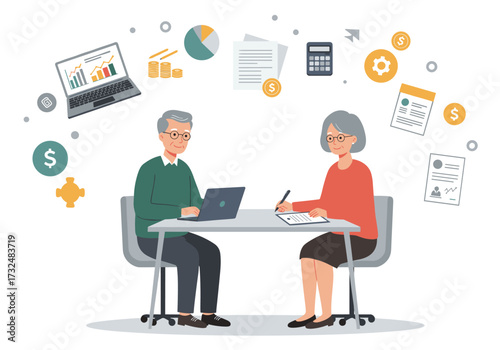 Financial consultation session office professional environment eye-level view retirement planning