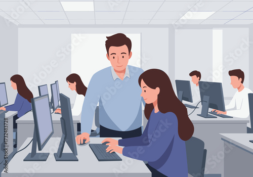 Training session for employees on computers office professional environment side view collaboration concept