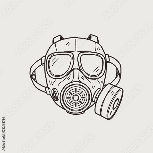 A doodle-style illustration of a gas mask with large goggles. Hand-drawn respiratory protection gear.