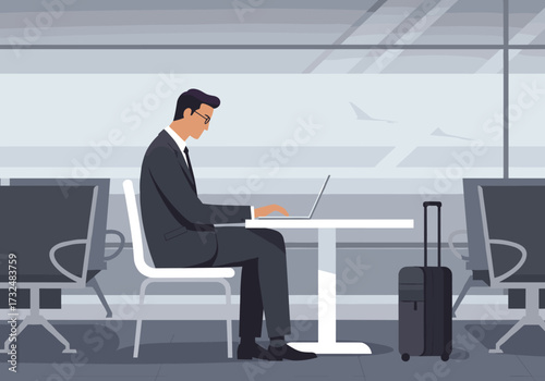 Business professional working remotely in airport lounge digital workspace modern environment focused view