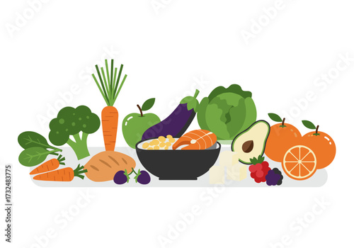 Healthy eating action fresh vegetables and fruits displayed in a bowl kitchen vibrant colors