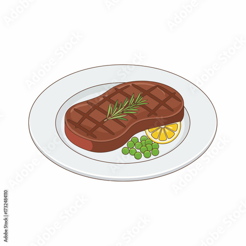 A grilled steak on a white plate with green peas, a lemon wedge, and a rosemary sprig.