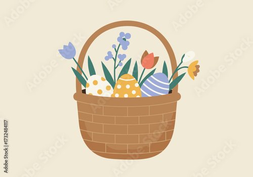 Easter celebration basket with colorful eggs and flowers digital minimalist design soft background