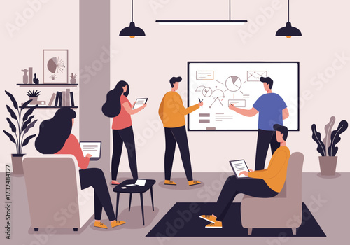 Collaborative team meeting office space infographic presentation modern environment engaging viewpoint teamwork concept