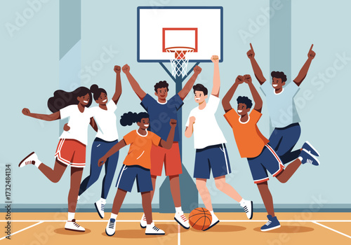 Celebratory basketball team victory indoor court group cheerful atmosphere sports enthusiasm