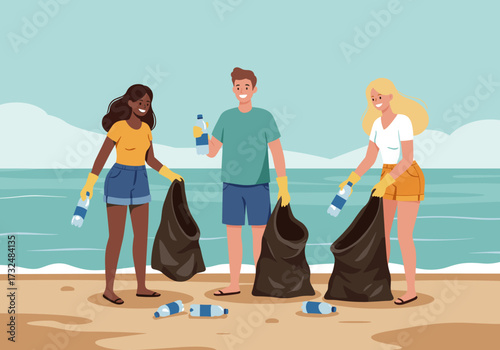 Beach cleanup initiative volunteers collecting plastic waste coastal area digital sunny environment engaging perspective