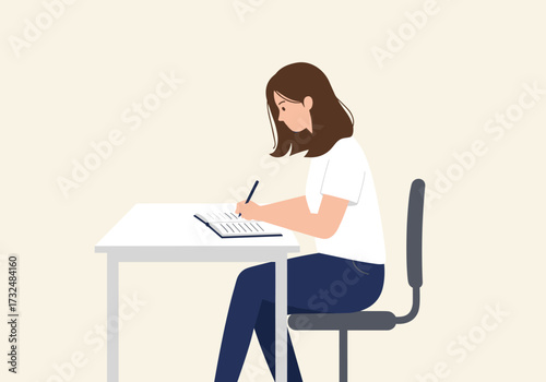 Student writing notes at a desk in a minimalist room calm environment side view focus on learning