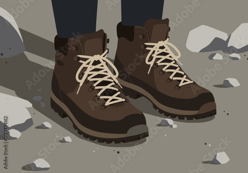 Hiking adventure boots rocky terrain outdoor gear rugged environment view nature exploration