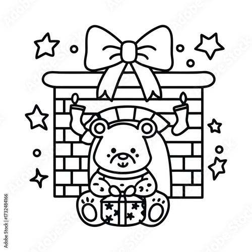 Christmas animal coloring page, Animal coloring page, winter animal coloring pages, black and white illustration, Animal Christmas line art