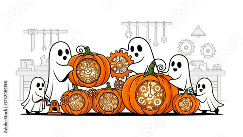 Halloween Steampunk pumpkins and ghosts: A creative depiction of Halloween infused with Steampunk, featuring pumpkins adorned with intricate clockwork and surrounded by playful ghosts.