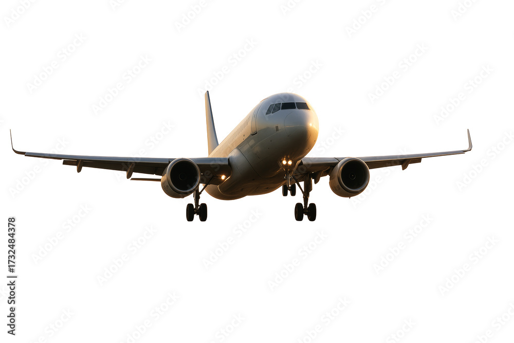 Obraz premium Front view of commercial airplane in flight with landing gear visible, isolated style on white background, concept of transport and aviation. Ai generative