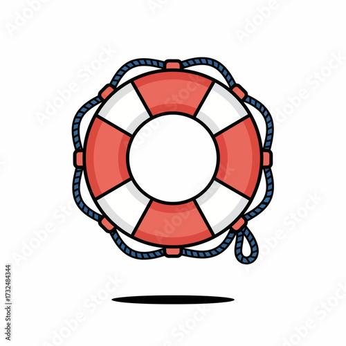 A red and white lifebuoy with blue rope. A flat design cartoon icon for water safety and rescue.