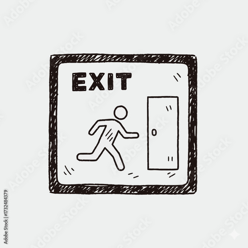 Emergency exit sign doodle. A hand-drawn sketch showing the way out for fire escape and evacuation.