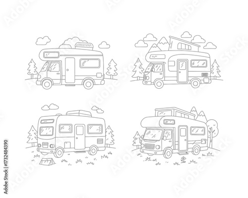 Collection of four hand drawn outline illustrations of recreational vehicles or camper vans in natural outdoor settings with trees and mountains