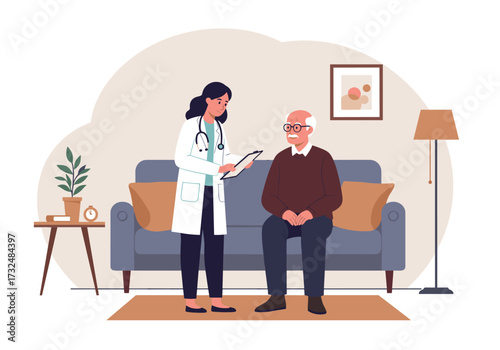 Doctor consultation with elderly patient at home healthcare cozy living room informative setting