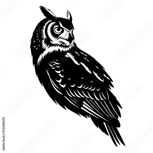 Vector art of black and white owl illustration with detailed feathers and intense gaze