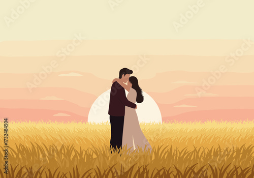 Romantic sunset embrace golden wheat field digital tranquil atmosphere view love concept
