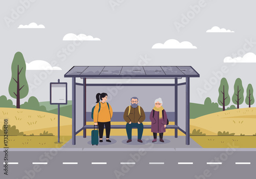 Waiting for the bus diverse group of travelers at a bus stop in a scenic rural setting