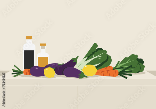 Fresh vegetables and oils for healthy recipes kitchen table digital minimalist style