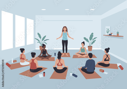 Yoga meditation session indoor calm environment group perspective mindfulness concept