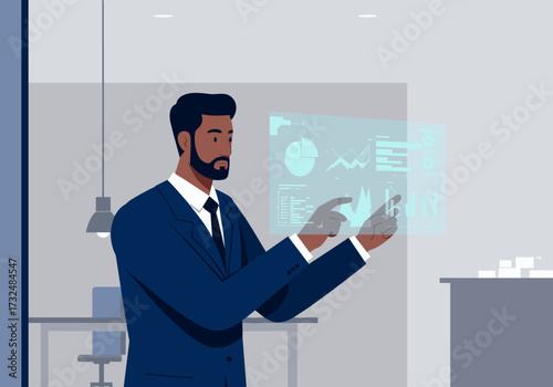 Businessman analyzing data insights in modern office digital interface professional environment interactive viewpoint