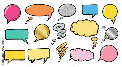 Speech bubbles comic communication dialogue conversation message thought idea expression cartoon graphic vector illustration design text talk chat bubble colorful fun art drawing isolated white backgr