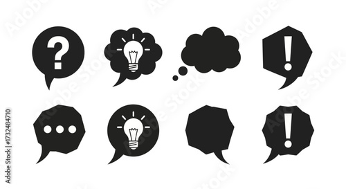 Speech bubbles question mark idea lightbulb thinking cloud exclamation point conversation communication dialogue message information symbol icon graphic design vector illustration talk discuss brainst