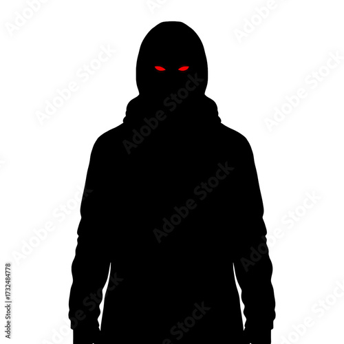 Mysterious hooded figure with glowing red eyes staring intently.