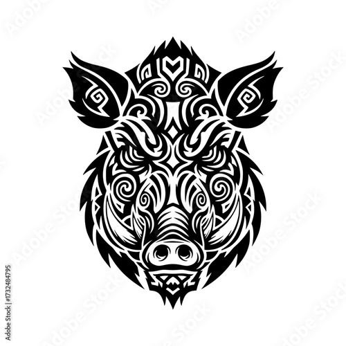Vector art of intricate tribal boar head design with detailed line art