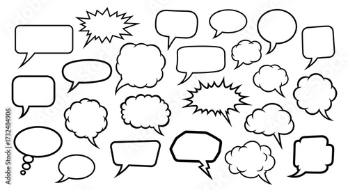 Speech bubbles comic cartoon communication dialogue chat message conversation thought idea expression graphic design vector illustration white black outline different shapes style talk text balloon cl