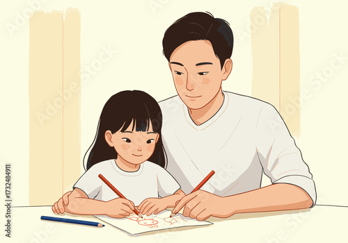 Father and daughter drawing together at home creative activity cozy indoor environment family bonding