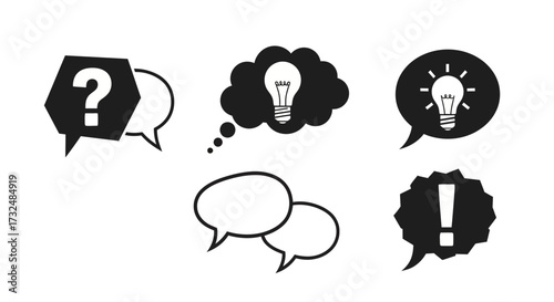 Speech bubbles communication conversation dialogue discussion message question answer idea thought brainstorming exclamation information symbol icon graphic design vector illustration art creativity i