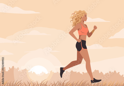 Running woman at sunrise in nature lifestyle outdoor fitness energetic environment