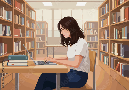 Studying student in library using laptop daily life digital indoor focused learning