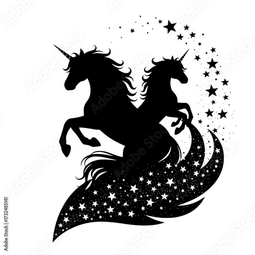 Vector art of silhouette of two mythical unicorns with flowing manes and stars