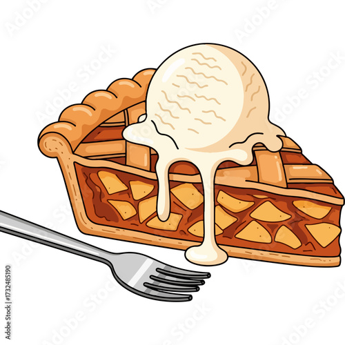 A delicious dessert serving of apple pie topped with vanilla ice cream. This simple and clean cartoon icon is perfect for recipe websites, confectionery branding, or sweet food advertising.