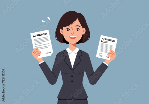 Loan approval process businesswoman celebrating success in financial services professional environment positive energy