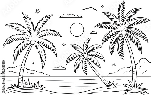 Tropical beach coloring page with palm trees and sun for kids and adults to print free