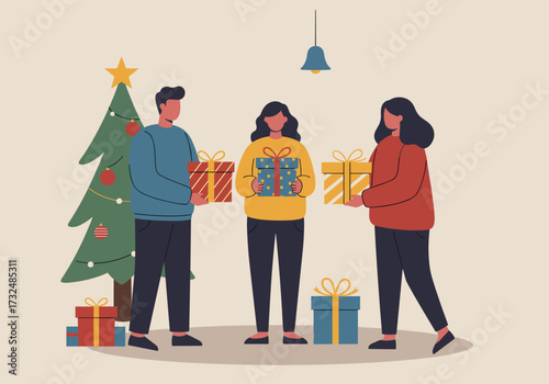 Holiday gift exchange celebration among friends cozy home digital festive atmosphere front view