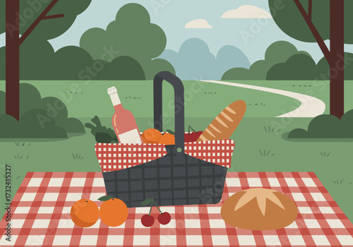 Picnic in nature basket of fresh fruits and bread outdoor setting vibrant greenery relaxed atmosphere