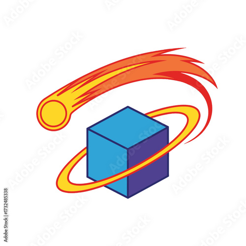 Abstract illustration of a cube with a fiery comet and orbital ring.