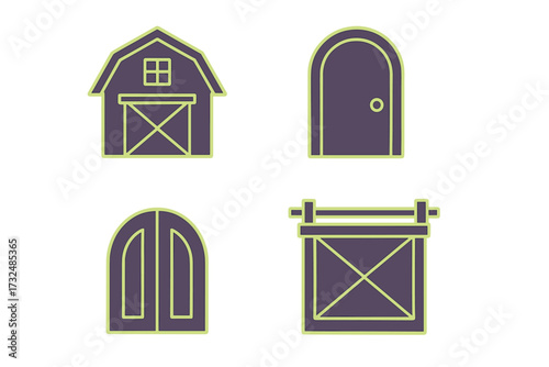 Diverse architectural elements featuring a classic barn, a simple arched door, double arched doors, and a modern sliding barn door design