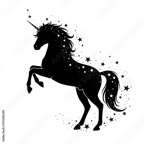 Vector art of silhouette of mythical unicorn rearing on hind legs with stars