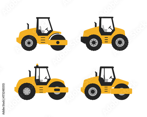 Collection of four yellow steamrollers and compactor vehicles seen from a side view on a white background